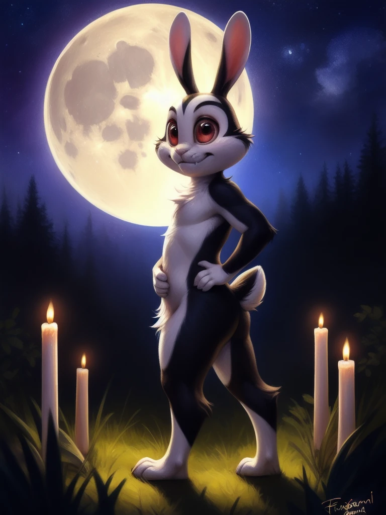 concept art  <lora:BunniculaBunNi1:1>  BunniculaBunNi, solo,  Red eyes,  chibi,  white sclera, [forest, grass, stars,moon shining, clouds, flowers, bright moon, candles,]
 (beautiful, aesthetic, perfect, delicate, intricate), masterpiece, digital drawing, best quality,  ( armpit, ass, rear view,)
by ulitochka, by taran fiddler, by Silverfox5213, by personalami,  . digital artwork, illustrative, painterly, matte painting, highly detailed