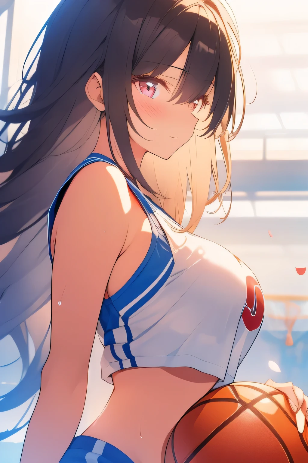 A very attractive female basketball player, framed in a close-up of her upper body and face, conquers an NBA basketball court, her side profile bold and alluring as she poses with half-closed eyes (jitome), a relaxed yet seductive expression gracing her features, a heap of basketballs piled courtside, their surfaces glinting under the stadium’s intense lights. Her long, flowing black hair flows down her back like a dark cascade, shining with a sleek gloss, while her pink eyes shimmer faintly beneath drooping lids, her smile radiating resilience with a sultry charm. She wears a loose-fitting blue basketball uniform, the jersey drenched in sweat and pulled open to reveal her large breasts supported by a white bra, her bare midriff and navel glowing with exertion. The shorts, tight and sweat-soaked, cover white panties that fully conceal her lower body, maintaining a modest silhouette beneath the damp fabric. One hand spins a basketball effortlessly on her finger, the other resting casually by her side, sweat tracing her curves in a poised, playful stance. Cherry petals drift through the air, mingling with white roses on the court, hinting at a moment of serene power in play. Her captivating aura glows with open poise against a minimal white background, rendered in watercolor subtlety (0.4) and pastel richness (0.6).

