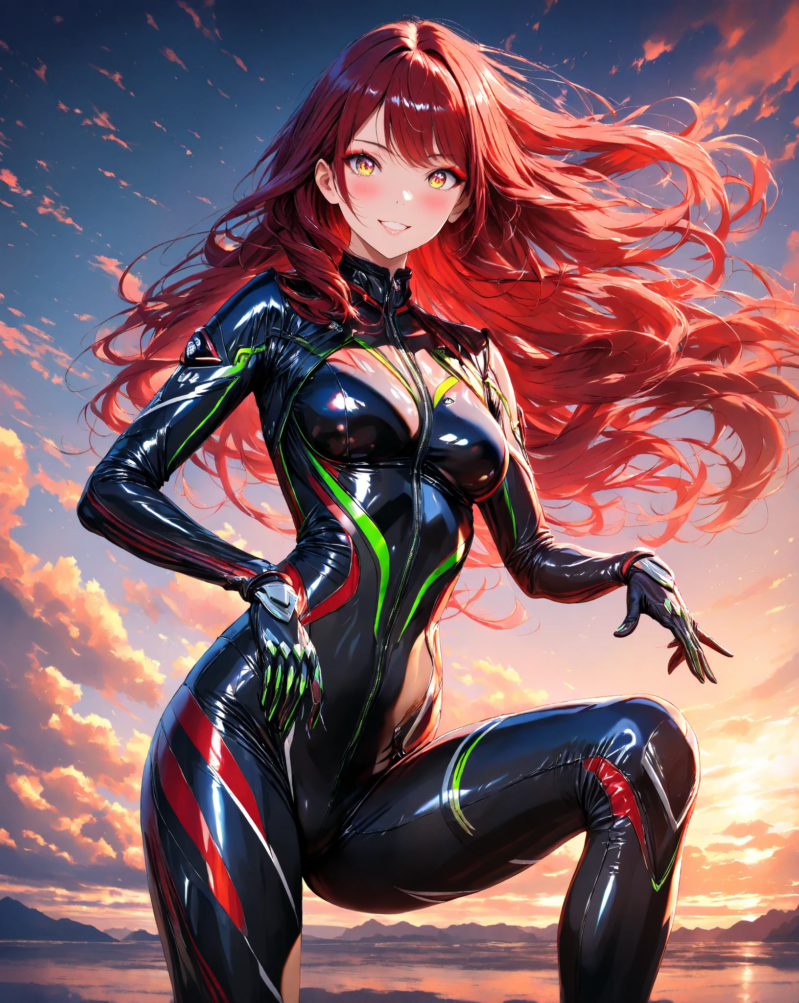 ((Cowboy shot:1.4)),(illustration:1.3),(extremely detailed:1.3),(highly detailed:1.2),(best quality:1.2),(masterpiece:1.2),(extremely detailed 8K wallpaper:1.2),(highres:1.3),(photorealistic:1.1),(portraits:1.3),(anime:1.1),(volumetric lighting:1.2),(cinematic lighting:1.2),(upper body:1.5),evil aura, (1 girl:1.4),(solo:1.4),(perfect female body:1.3),(perfect anatomy:1.3),(massive breasts:1.4),(red hair:1.3),(green eyes:1.3),(half-closed eyes:1.3),wide hips,thick thighs,(thigh gap:1.4),big butt,(evil smile:1.3), (gesugao:1.2),(red dress),(long dress),(tight dress), high heels, (huge muscles:1.2), glowing eyes, full body ,(standing:1.3),(looking at viewer:1.4), (corruption:1.6), ,(simple background:1.5),(white background:1.5),Posing Like a Model,abs