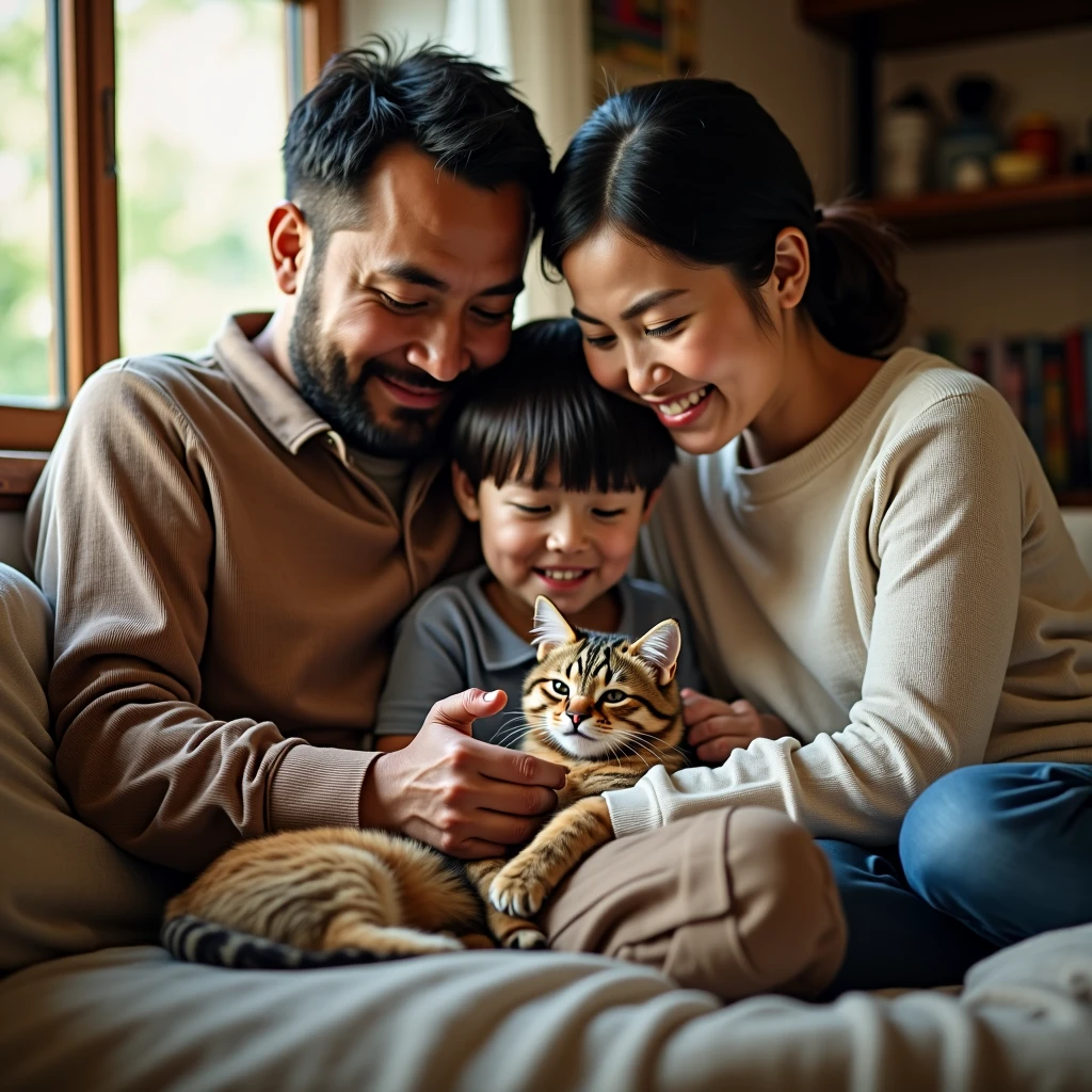 family of three people: a father, a mother and a little boy. they are petting their two cats in their house, deep color, realistic, wide screen, intricate detail, splash screen, complementary colors, dynamic lighting hyperdetailed