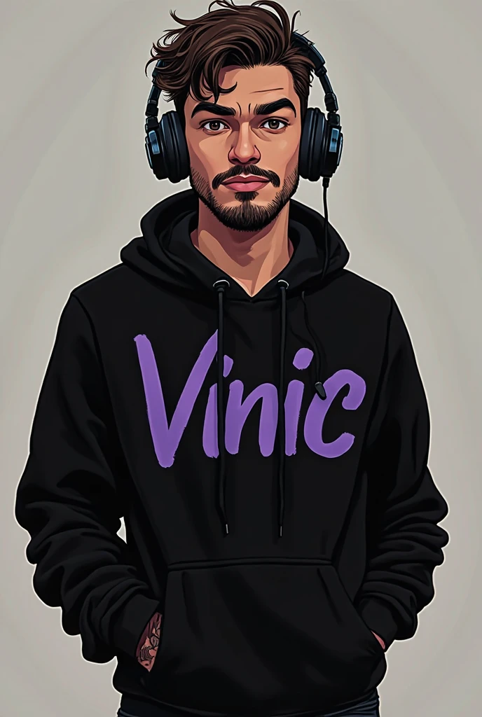 cartoon of a man in a realsitic awesome hoodie sitting at a desk with a microphone, discord profile picture, cyber aesthetic, the encrypted metaverse, art depicting control freak, background artwork, vaporwave cartoon, black hair, rapping into microphone, 2d illustration, cyberpunk art, A beatmaker with a mask wearing headphones in a homestudio, laptop on table, looking into camera, youtube studio, background wall with youtube golden play button, best quality, hd, face and body in center facing towards camera