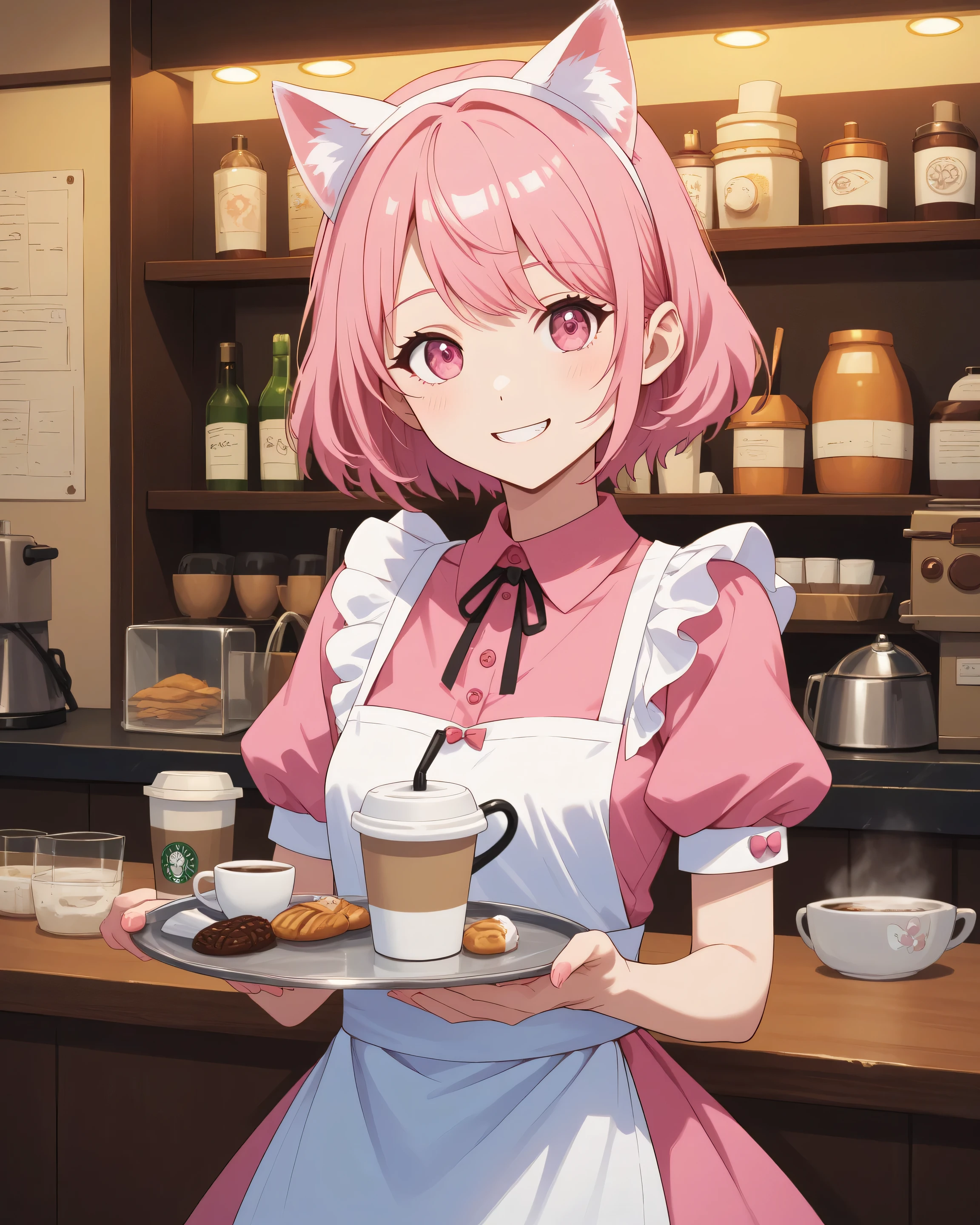 Top quality, high resolution, detailed, beautiful quality, illustration of a girl with big pink eyes, wearing a cute frilly pink waitress outfit, pink hair, white cat ears headband, fluffy short hair, big pink eyes, shining eyes, smiling, holding a tray of iced coffee in both hands, in a cafe, with a counter, overall fluffy and soft atmosphere, image quality and lines drawn with a soft and soft feeling,