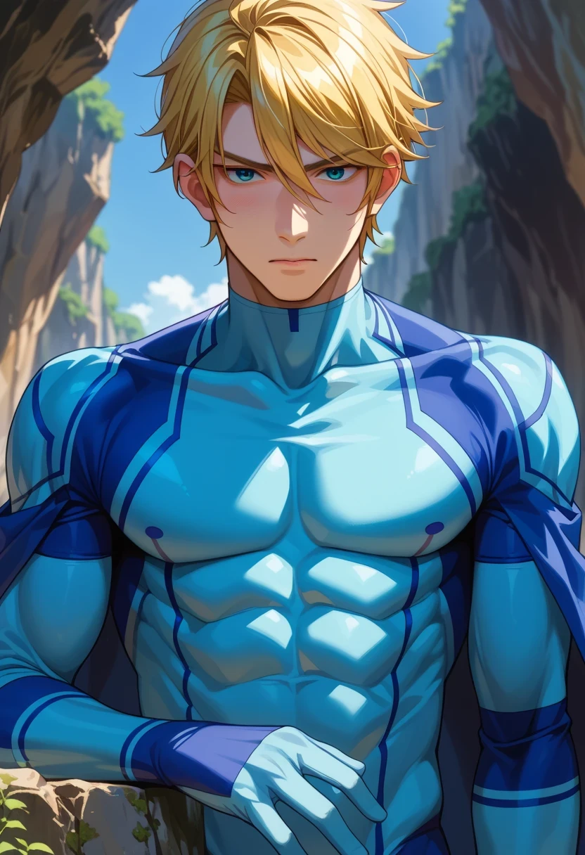 score 9 、score 8 up、score 7 up、1boy、solo、(male:1.5)、male focus、male body、defSamus、金髪、短髪、ボディスーツ、zero suit、blue body suit、blue clothes、blue pantynose、長袖、blue gloves、 立っている、頭を横向きにする、skin tight、あなたを見ている、腕組み、叩く、悲しい、ジューシーな唇、cave entrance、