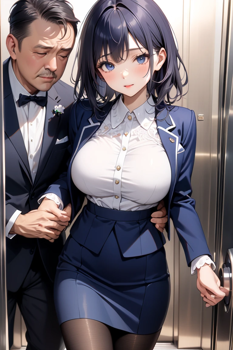 Full body photo, 1 woman in black clothes with white props from an extremely exhibitionist maid and 1 old man of 90 years old with a suit and tie, holding her from behind, immensely large breasts, clothes very tight on the body, looking at the viewer, maid hat, she has short black hair, blue eyes, they are in a bathroom in front of the shower, anime, 16k, best quality, highres, award winning, high details, UHD, masterpiece, anatomically correct, ccurate