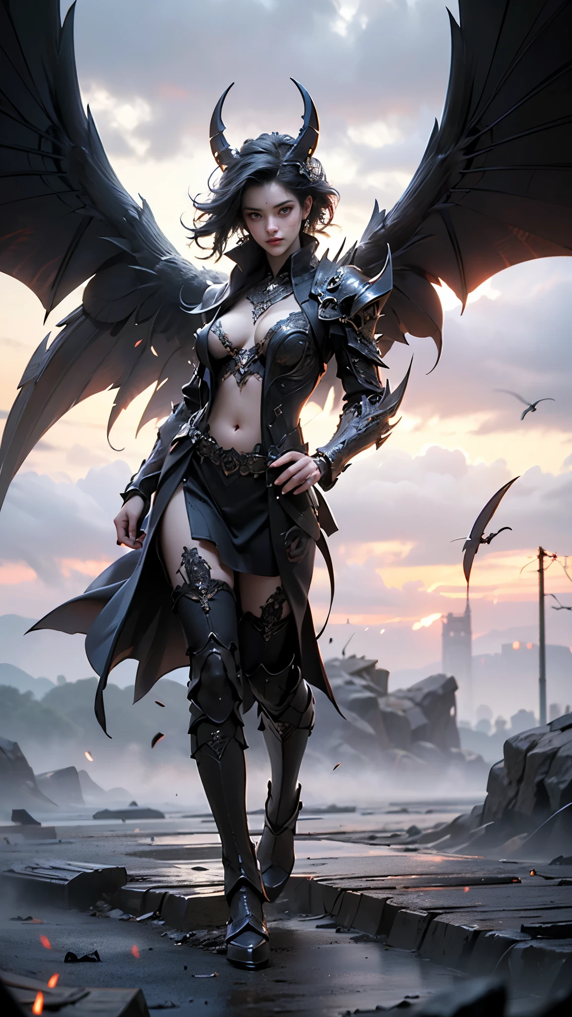 20 year old woman, shiny black, Straight, two meters long, (Hyperfade:1.3), Dark theme, soothing color tones, muted colors, high contrast, (The skin texture is natural., Surreal, soft light, sharp), big breasts, big breast, An eye-catching gesture, black and white leather suit, tight, Emphasize the beauty of the body, angel wings, Bat Wings, 12 wings, Angels have a total of 12 wings with different styles to represent a mix of good and evil., The 6 wings on the left are the wings of gods, white, bird wings., ปีกด้านขวา 6 ปีก เป็นปีกของมาร สีดำ Bat Wings,