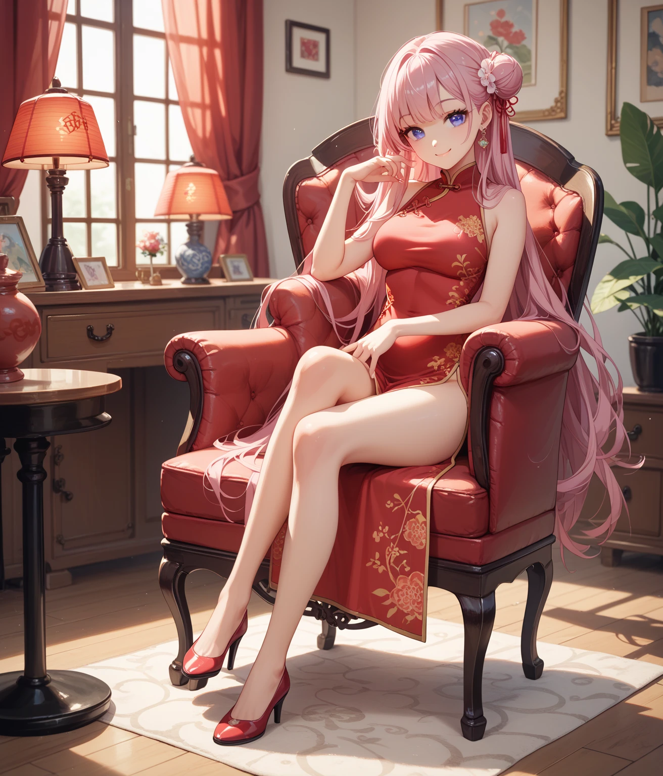 ((Highest quality)), ((masterpiece)), (detailed), (nsfw), the cartoon girl is sitting on the couch wearing a pink outfit, 1girl, 独奏, thighhighs, twintails, pelvic curtain, white thighhighs, double bun, large breasts, long hair, blush, blue eyes, looking at viewer, chinese clothes, sitting, spread legs, open mouth, tongue out, naughty face, pussy