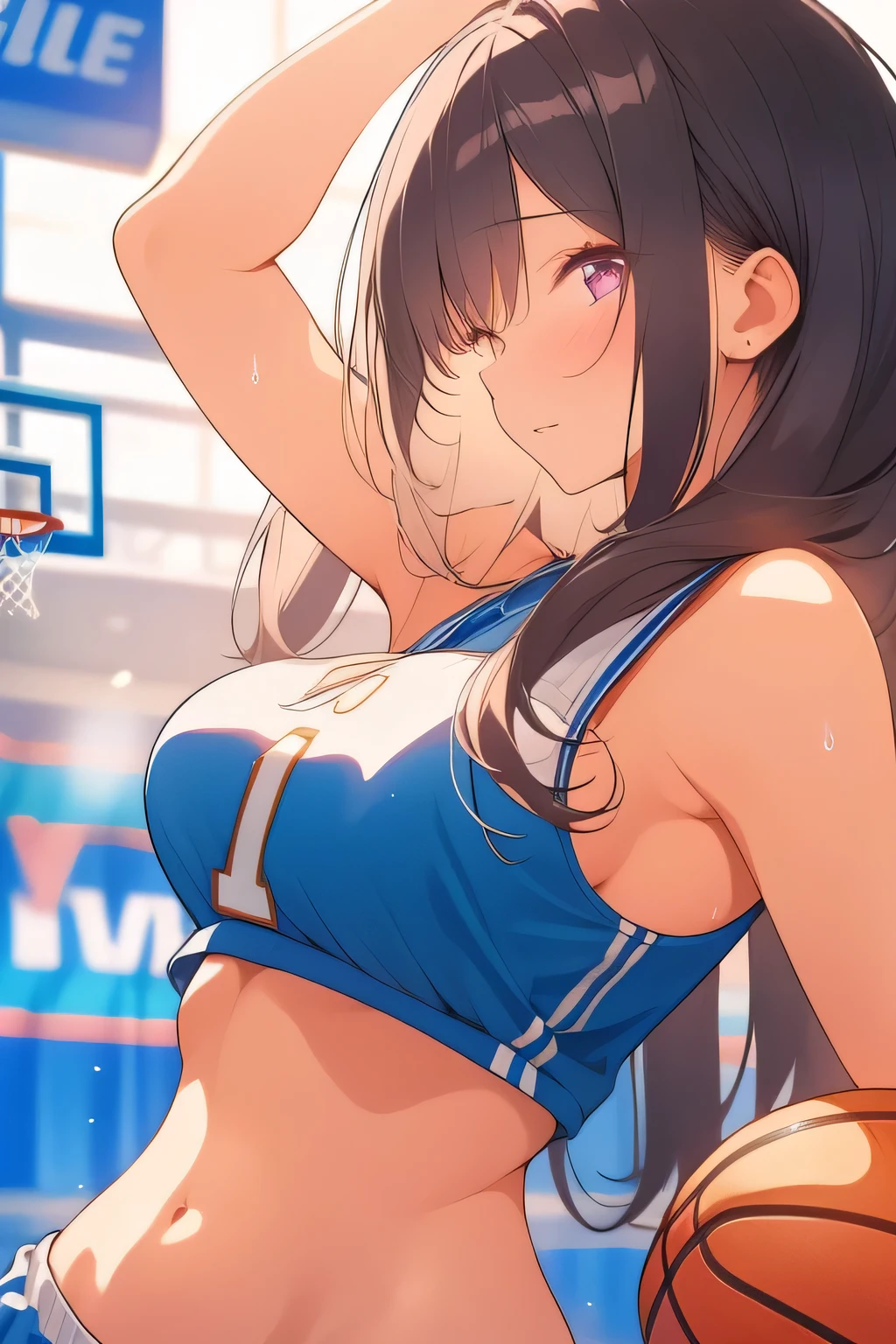 A very attractive female basketball player, framed in a close-up of her upper body and face, conquers an NBA basketball court, her side profile bold and alluring as she poses with half-closed eyes (jitome), a relaxed yet seductive expression gracing her features, a heap of basketballs piled courtside, their surfaces glinting under the stadium’s intense lights. Her long, flowing black hair flows down her back like a dark cascade, shining with a sleek gloss, while her pink eyes shimmer faintly beneath drooping lids, her smile radiating resilience with a sultry charm. She wears a loose-fitting blue basketball uniform:1.3, pointed breasts, the jersey drenched in sweat and pulled open to reveal her large breasts supported by a white bra, her bare midriff and navel glowing with exertion. The shorts, tight and sweat-soaked, cover white panties that fully conceal her lower body, maintaining a modest silhouette beneath the damp fabric. One hand spins a basketball effortlessly on her finger, the other resting casually by her side, sweat tracing her curves in a poised, playful stance. Cherry petals drift through the air, mingling with white roses on the court, hinting at a moment of serene power in play. Her captivating aura glows with open poise against a minimal white background, rendered in watercolor subtlety (0.4) and pastel richness (0.6).

