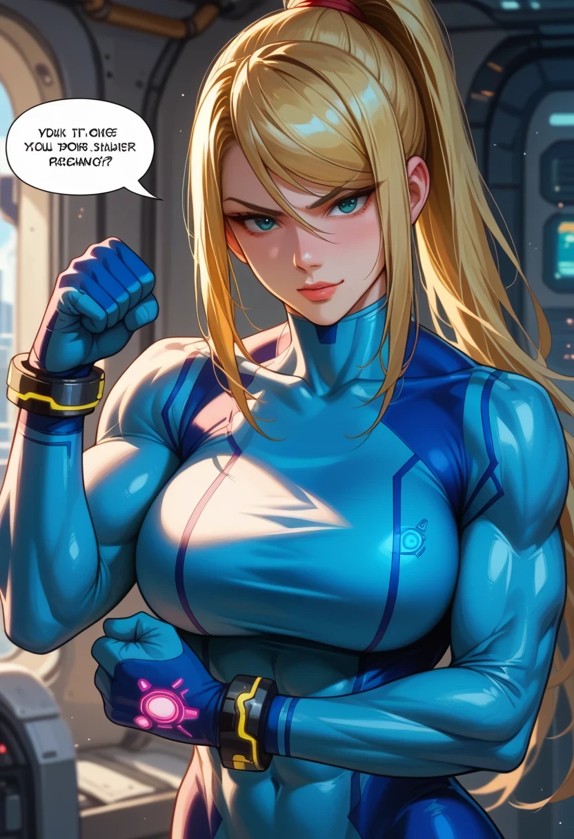 score 9 、score 8 up、score 7 up、1girl、solo、defSamus、 Gold、ponytail、Strong muscles、bodysuit、blue clothes、Big Breasts、Muscular and strong、very large breasts、blue pantynose、long sleeve、blue gloves、confident expression、Juicy Lips、confident smile、One fist、standing、is watching you、spaceship、speech bubble、muscular woman、