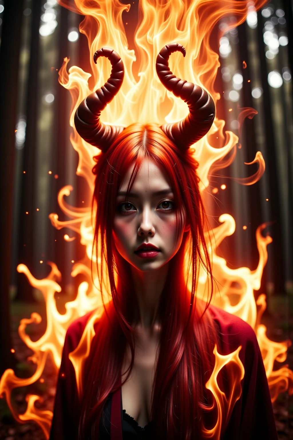 Extreme low angle,blazing woman Ifrit, huge firepower burning the forest,8K,HDR,realistic,Realistic,Extremely Detailed,professional,vivid colors,blurry background,Surreal,fantasy, digital art,surrealism,oil painting,combustion,Open,Flame,hell, devil,fire,passion,Chaos,Extreme Low Angle