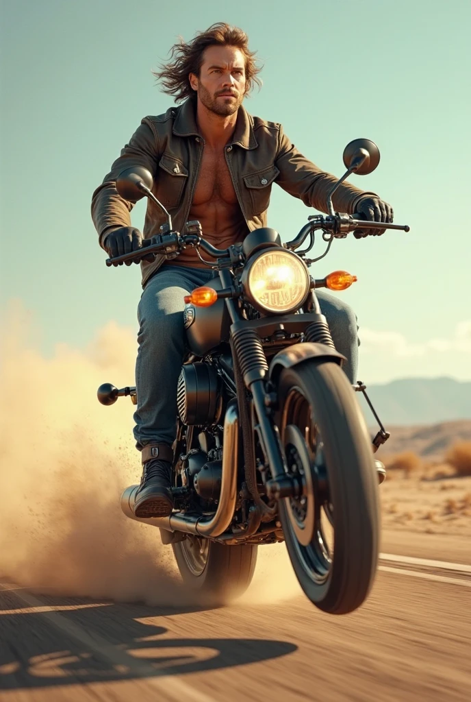 A thin young man without a shirt sitting on a motorcycle wearing jeans and military boots 
