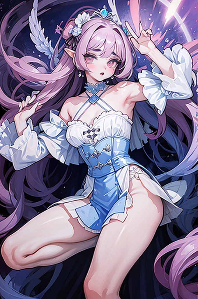 (((1 woman))), ((detailed blue eyes)), ((long silver hair)), large breasts, perfectly drawn body, narmaya, seductive smile, white nightgown, best quality, masterpiece, ultra-detailed