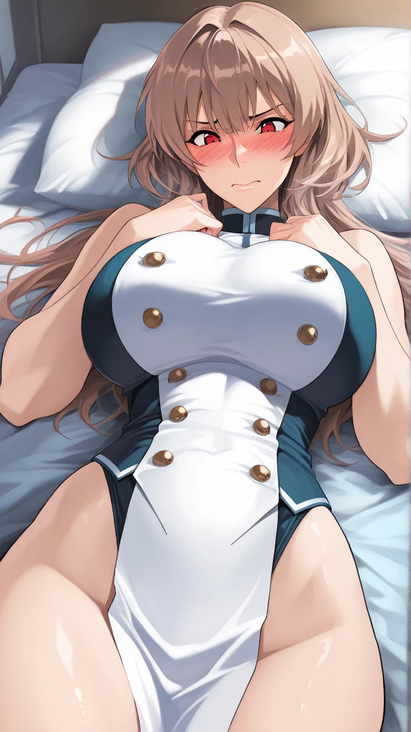 (A high resolution), (Ridiculous resources), (Best quality), (high high quality), (tmasterpiece), 1 busty girl, Asuna, eBlue eyes, Long gray hair, The halo, hair covering one eye, Very long hair, Light brown hair, (Large breasts, Huge cleavage), Latex high socks, Red latex stockings, praying hands logo, looking at viewert, 8K HD RTX, Delicate finger detailing,