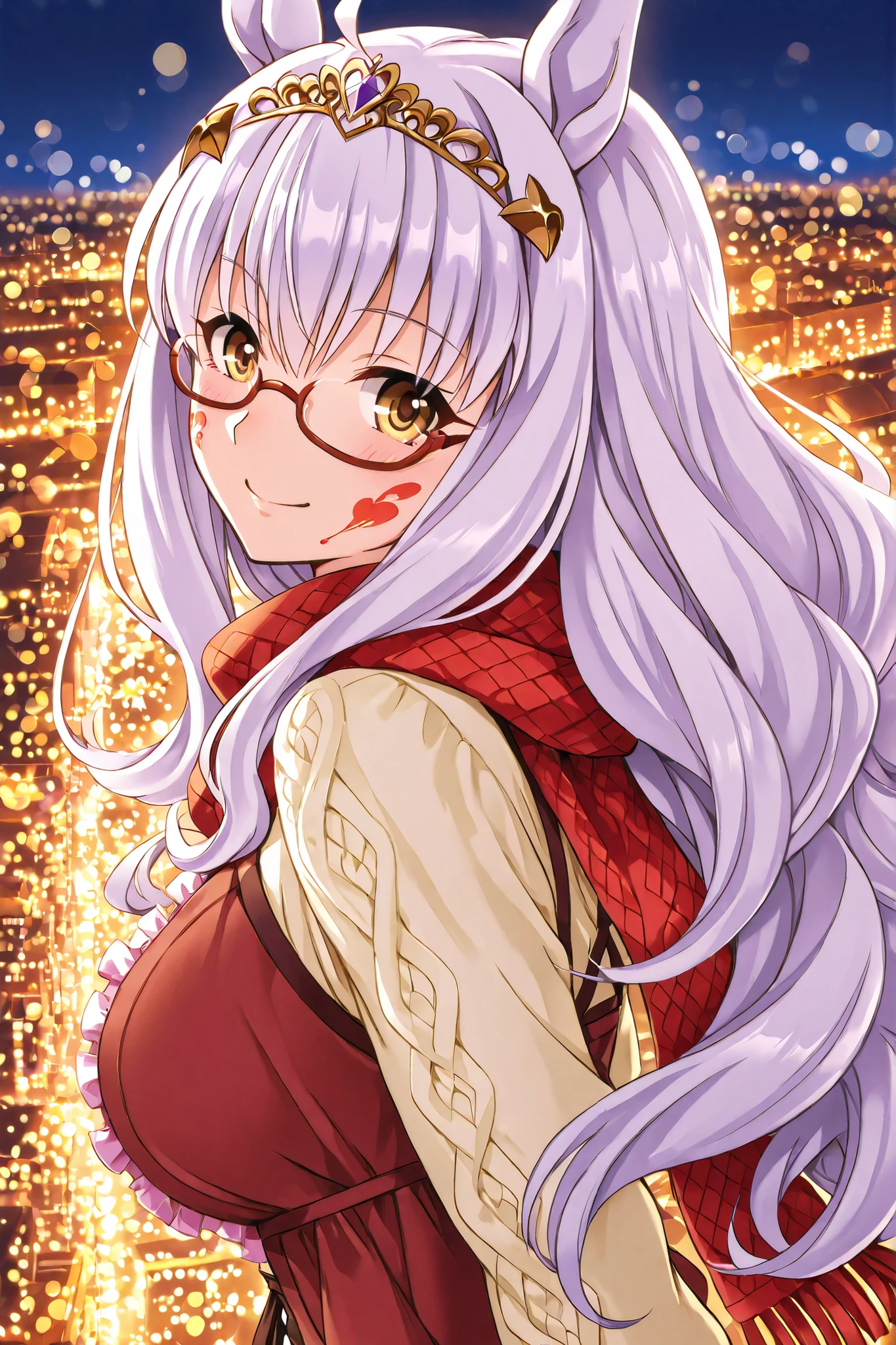 Biwa Hayahide (Uma Musume), casual outfit with a scarf, smiling brightly, turning back, night cityscape, Christmas illuminations with bokeh effect, soft warm glow on her face, romantic date atmosphere, shallow depth of field, anime style, highly detailed, 4k

