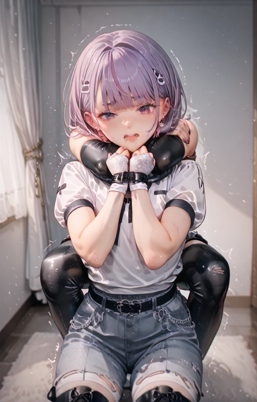 character//1 girl,(sooty gray hair:1.2),((short hair:1.2)),((purple eyes:1.5)),BREAK//((White clothes like hospital clothes for hospitalized patients:1.3)),(Bare feet that are worn out and full of scratches:1.2),(nails are sharp and long:1.4),BREAK//((Corner of the room:1.2)),((A narrow, dark place where light cannot reach:1.5)),((Withheld:1.4)),BREAK//((black darkness background:1.3)),(((No background:1.2))),(small breasts:1.3),((ball gag:1.5)),((Subject:1.2)),((restrained by chains:1.5)),((I'm in love with:1.2)),(((close up of face:1.2))),