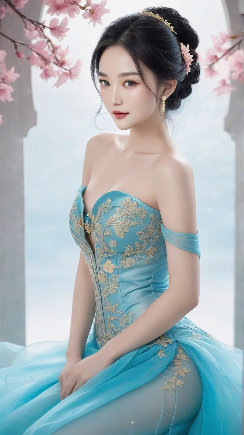 a solo beautiful princess, elegant, detailed, pretty, (rubenesque), (romanesque background), (night sky), elegant detailed dress, (art by dgtlv2 and henry asencio and zeen chin and josephine wall and edwin deakin), (masterpiece), (good anatomy),