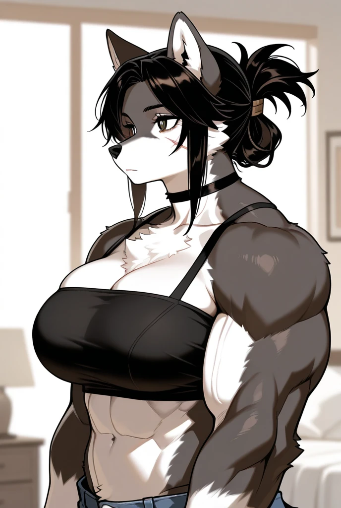 By bigcozyorca, by bebebebebe, by buta99, solo, female, feline, black cat, (snout, short dreadlocks, hair over eyes), strapless bra, big breasts, cleavage, smirking, standing