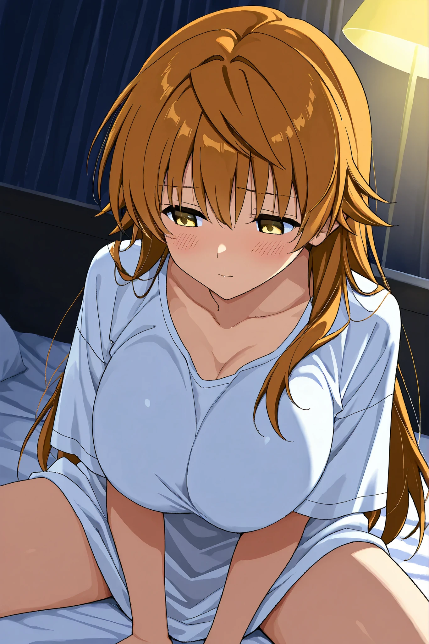 score_9, score_8_up, score_7_up,1 man,solo,
rito_yuuki, Riko Yuusaki, yellow eyes, huge breast, long hair,
black stand neck, oversized shirt outside the hotel, Show the hem,
sit on the bed, dark room, Spacey face, look away, blush, look down