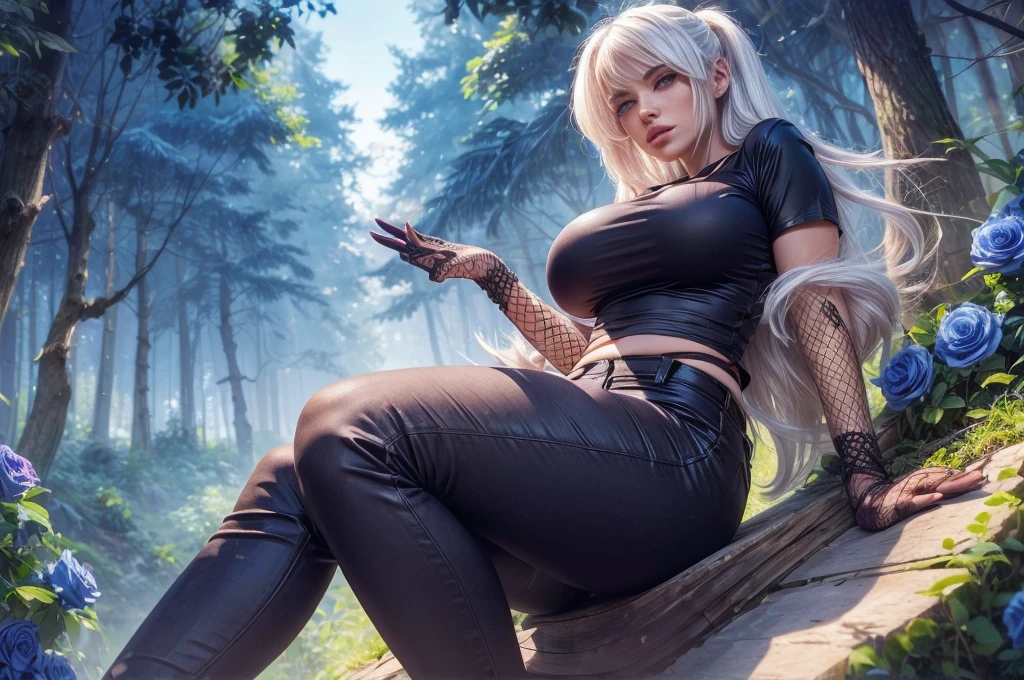 Create a detailed and highly realistic scene depicting a Horse Girl Goddess named Clarissa, appearing around 40 years old. She has long wavy gray hair styled into a ponytail, a small horse nose, and two horse ears. She has horse-like features and a humanoid appearance, with a perfect face that includes a beauty mark and soft skin, featuring light black and dark shades. She has very large breasts and a large butt, wearing an extremely tight black jumpsuit with a deep neckline and revealed shoulders, exuding confidence and allure. Clarissa is sitting on a bench in a park, exuding a serene yet captivating presence. Her posture is relaxed, with one leg crossed over the other, and she has a provocative and playful expression on her face. The background should be lush and green, with the morning sun casting a warm glow, enhancing her serene yet powerful aura. The entire scene should be in an oil painting style, with an 8k resolution to capture the essence of a masterpiece.