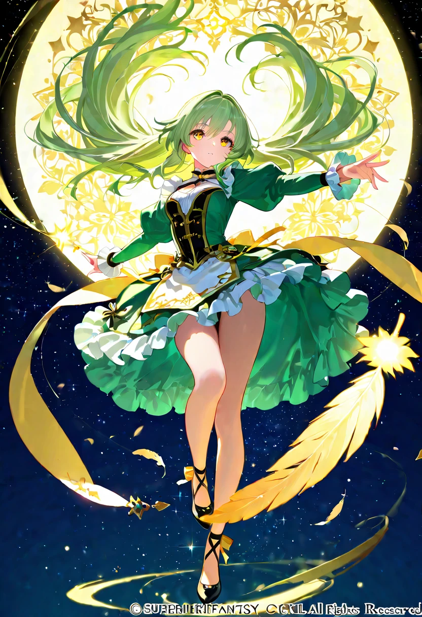 (8K, Best Quality, tmasterpiece:1.2),\(eye detailed\),\(Facial features\),(\(Detailed details of clothes\)\),(Colossal tits),full body Esbian, Super skirt,sailor moon outfit,(Facial Focus) ,Very detailed CG Unity 8K wallpaper,hugefilesize,ultra - detailed,hight resolution,absurderes,beautidful eyes,Ray traching,Dramatic shadows,Up to detail,Dramatic angles,Hyper-detailing,(Solo),anime styled、Very long straight ponytail hair、Green head hair、Green sailor color、Green Absolute Short Mini Skirt、elbowgloves、(Crystal on background:1.2)