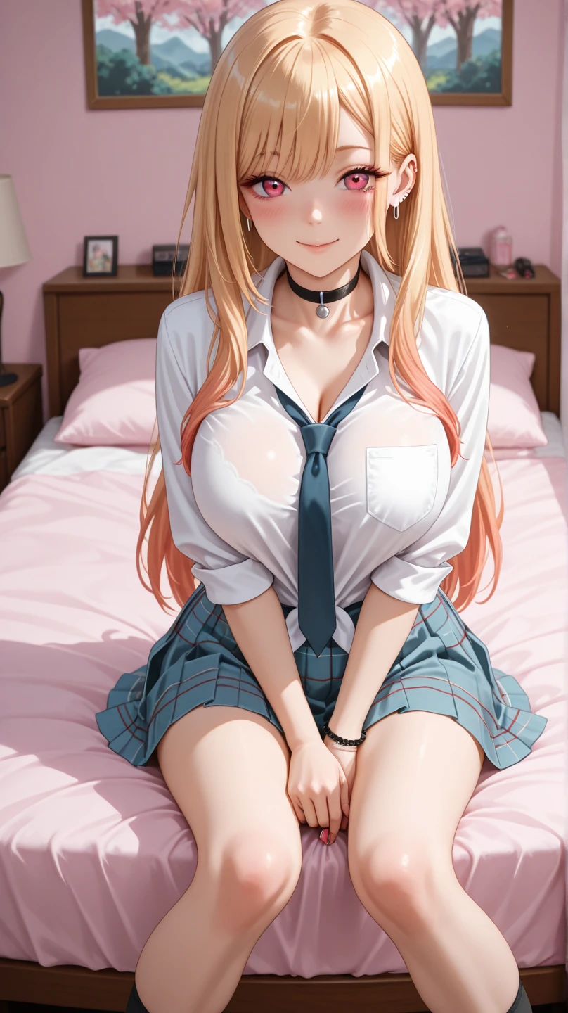 absurdres, (masterpiece, best quality), (ultra-detailed), extremely detailed,super high resolution, (Top Quality photorealistic Illustration), (Super Definition), (best quality,masterpiece:1.0),(cute illustration:1.3), (high Saturation:1.2), highres, ultra-detailed, 32k,8k resolution, intricate details, cinematic scene, detailed background, detailed background, super high precision, hiquality, top-quality, animesque, 2D, close-up representation of a single person, full body, living room, sofa, BREAK the beauty of one beautiful girl, shiina mahir, aamahiru, (smile:1.6),(round face:1.6), (baby face:1.6), (kawaii:1.6), (cute:1.6), (:1.6), (slim body:1.6), (narrow waist, narrow thighs:1.6), (narrow stomach:1.6),Brown-eyed, high resolution eyes, beautiful eyes, light in the eyes, blonde long hair, fine-grained skin, red cheeks, BREAK (show off nipples:1.8), (exposing bare breasts:1.8), (exposed chest:1.8), (no bra:1.8),(open shirt:1.6),beautiful small breasts, (small nipples:1.6), (small areolas:1.6), red bowtie, white shirt, (very short mini skirt, plaid skirt:1.6), BREAK(skirt lift:1.8), very small panties, short sleeves, brown skirt, red bowtie, blue jacket,
