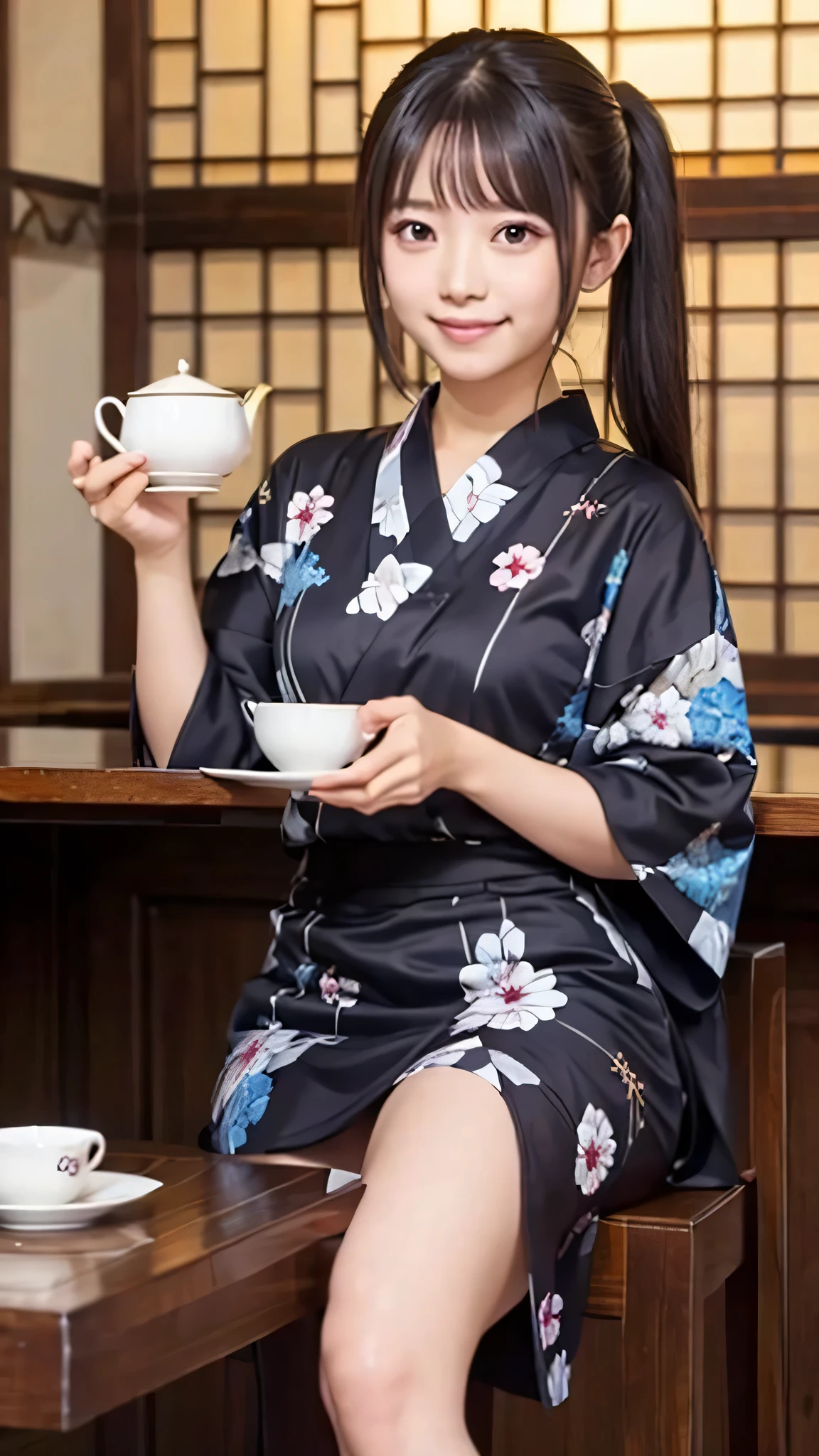 ((best quality、8k))、8age、is young、girl、Petite、 shape、high resolution、realistic、 dark eyes、 dark eyes、Dark Eyes、smile、
、clear nose、complicated details at AKB theaters、mini yukata 、miniskirt、Put your feet up、twin tail、、Dark Eyes、The clerk at the teahouse、serving tea to customers、和風の喫The clerk at the teahouse