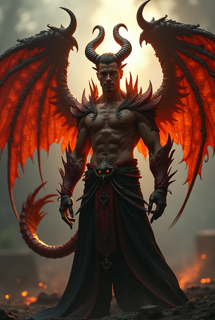 best quality,ultra-detailed,(realistic,photorealistic:1.37),portrait,mythical creature,detailed scales,long curved horns,sharp claws,majestic wings,vibrant colors,fiery red and golden tones,dark background,ethereal lighting,imposing presence,surreal atmosphere,myth and fantasy.