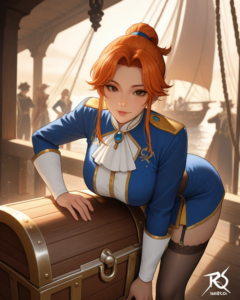 (tmasterpiece, Best quality at best:1.2), Complicated details, captain fortune, 1个Giant Breast Girl, Cleavage cutouts, Pirate hat, woven, Fluffy sleeves, gloves on the elbow, Chopping