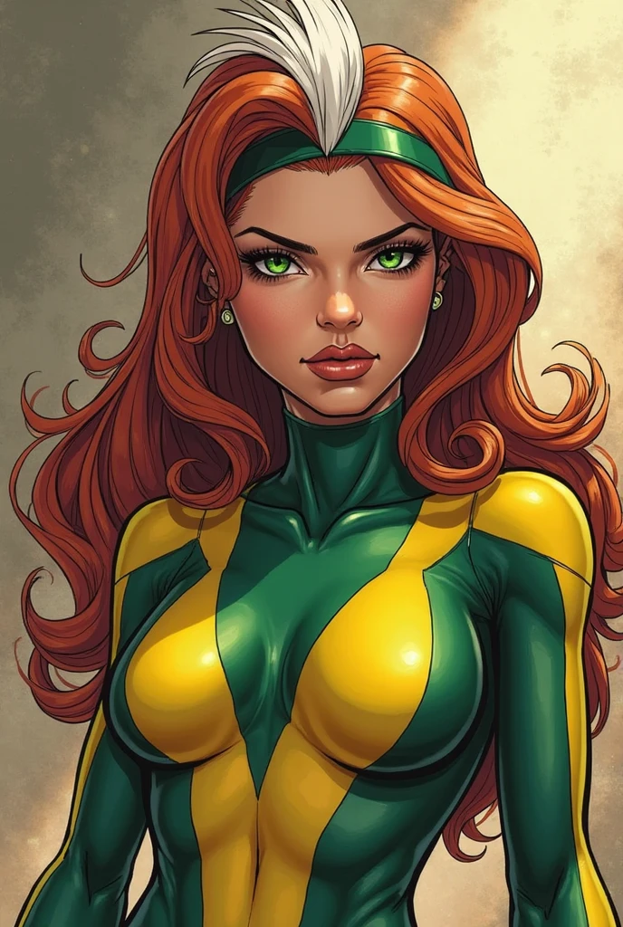 1girl, (X-men), (marvel comics), yellow and green body suit, yellow gloves, brown bomber jacket, auburn hair, two tone hair, white hair, curly hair, art by Ed Benes and Joe Madureira, magenta, peach, medium hair, bedroom, indoors, full body, cinematic lighting, cinematic angle, masterpiece, best quality