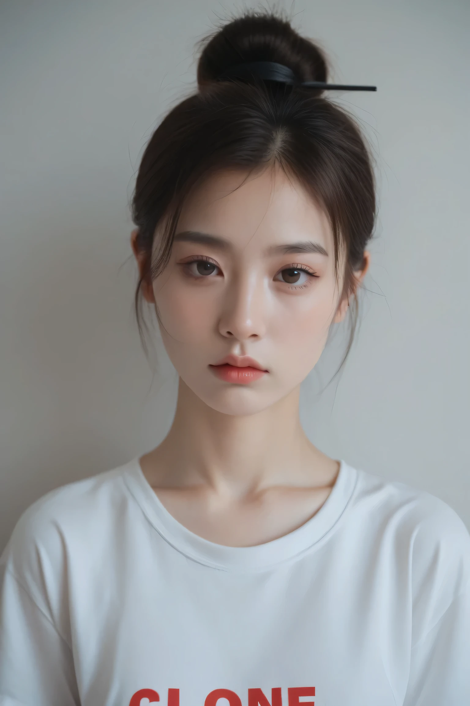 beautiful woman, face facing straight to the camera, expressionless, hair tied up, wearing a white t-shirt.