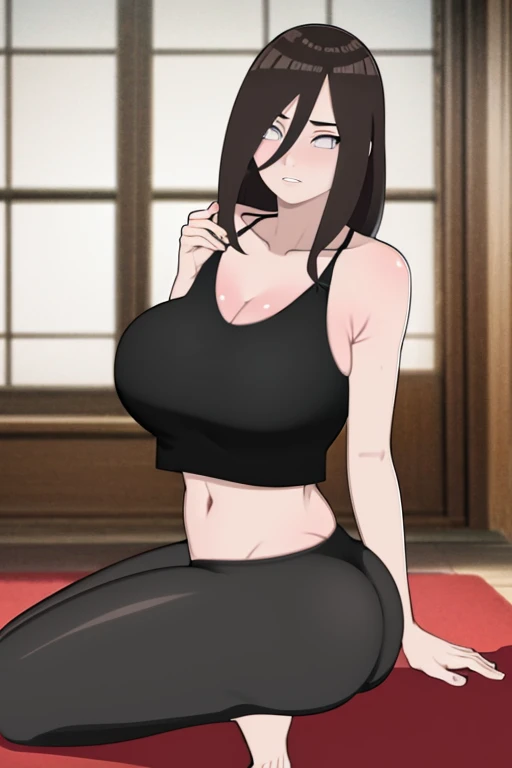 best quality, masterpiece, highres, detailed, perfect anatomy, <lora:Detail - add_detail:0.2>, <lora:Lauren_OiaL:0.9>, Lauren_OiaL, long hair, grey eyes, black hair, camisole, yoga pants,