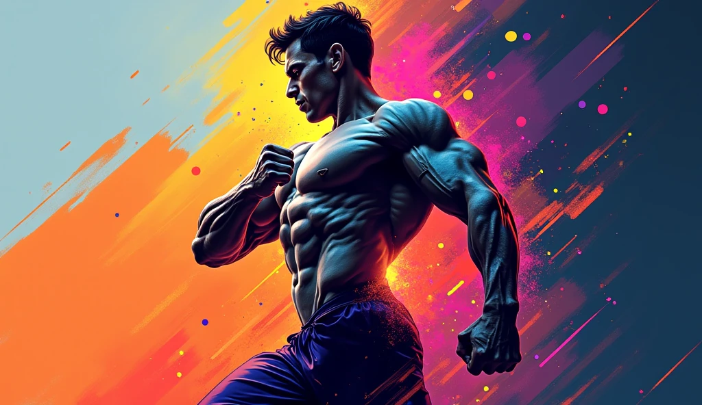 Male silhouette:athlete:dynamic pose:profile,Ink splash,Bold colors,dynamically,colorful,An abstract painting that looks like a person if you look closely,works of art,mysterious,design