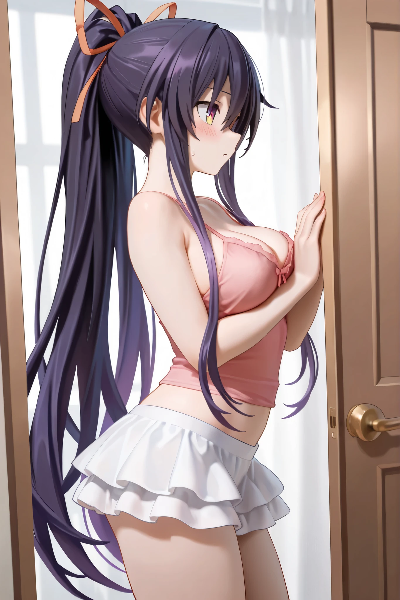 masterpiece, best quality, highly detailed, ultra high res, shizuka yoshimoto, 1girl, solo, hair ornament, black hair, very long hair, hair in a bun, bangs, glossy lips, medium breasts, aqua eyes, school, ballerina, white pantyhose, tutu