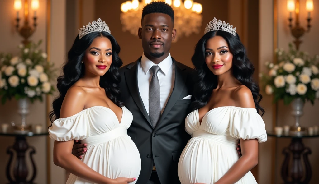 a black man with three thick wives , one of the wives is not smiling. They are all dressed in black formal