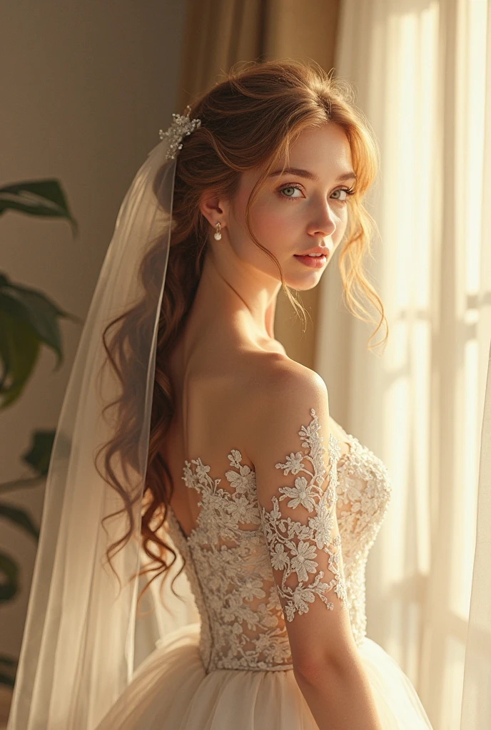 (Surreal), (Awareness-raising), (High resolution), (8k), (Very detailed), (The best Awareness-raisingns), (Beautiful and fine details), (Highest quality), (Super detailed), (masterpiece), (wall), (Detailed face),Minimalist transparent dress:1.2, View your viewers, Cinema Lighting, perfection, Soft Light, High resolutionスキン:1.2, Waist Up Pose , Moist, Slim body with beautiful curves, Realistic skin texture, Young sensual woman 2, Off the shoulder,Bust G Cup、 Exposed cleavage, Blonde Long Hair、Moist 、Pose 1.4. To the camera ,Show me your ass