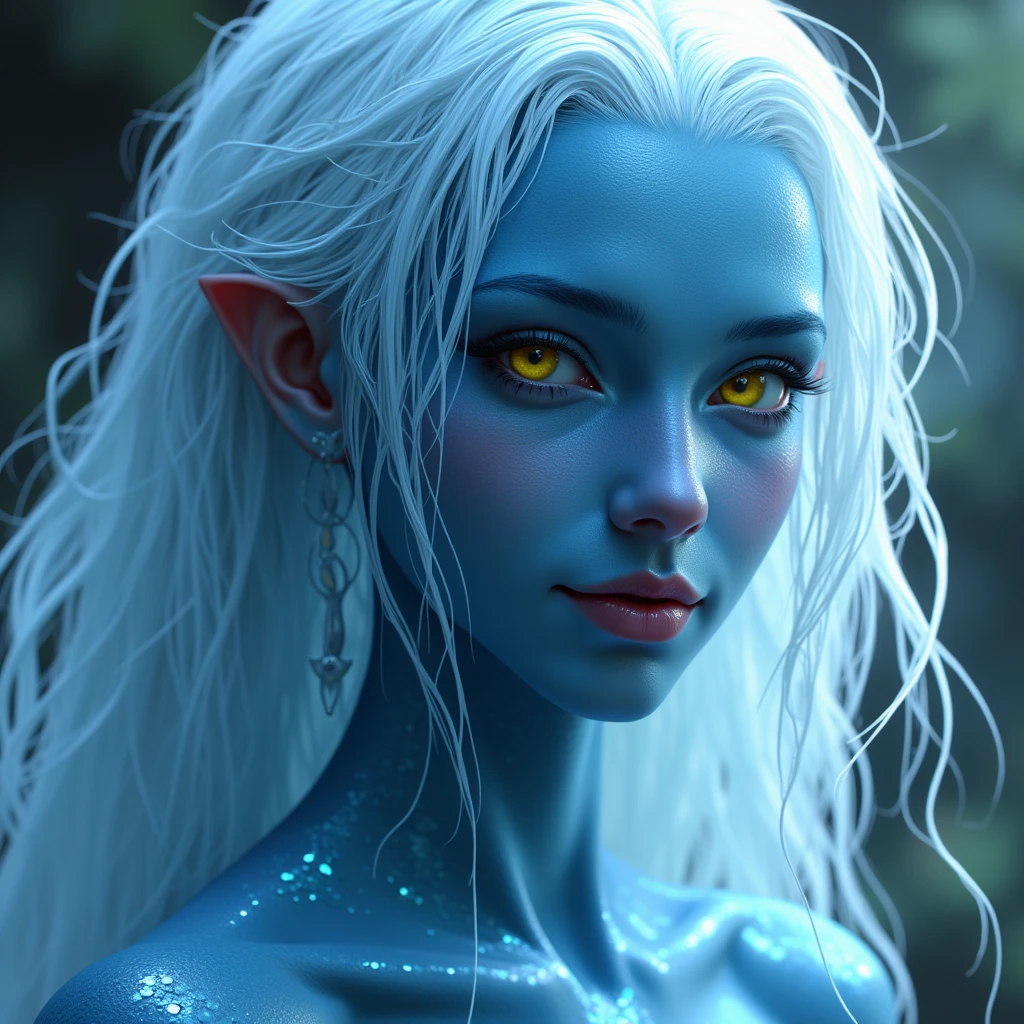 Woman, blue skin, long silver hair, wściekłe oczy, monster, marks on the skin, double language, darkness