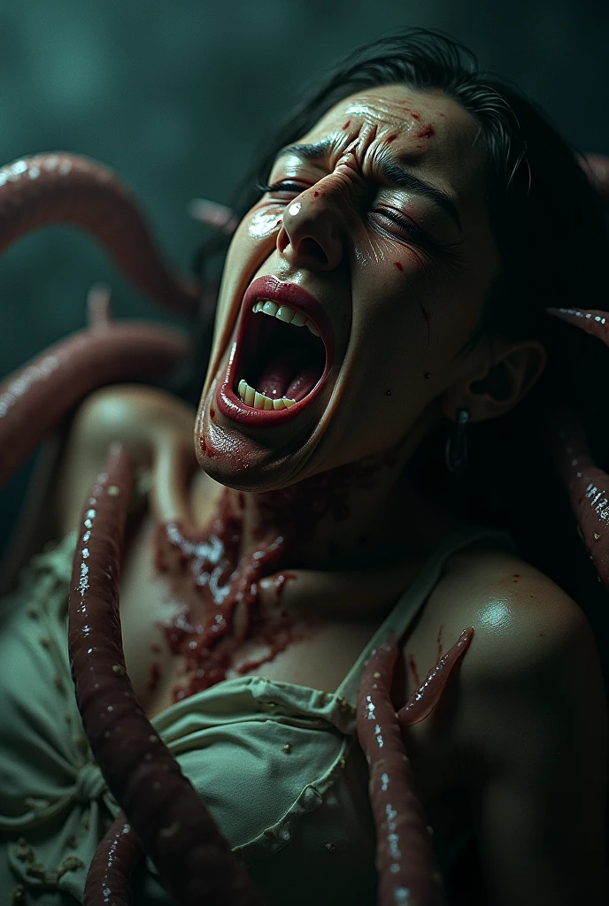 reelhorror, 1girl, humanoid, lying, dismembered, veins, tongue, tail, teeth, eyes, flesh, drooling, looking at viewer, blood, tentacles, injury, realistic, death, indoors, full-length shot, trash, pov scene, pov