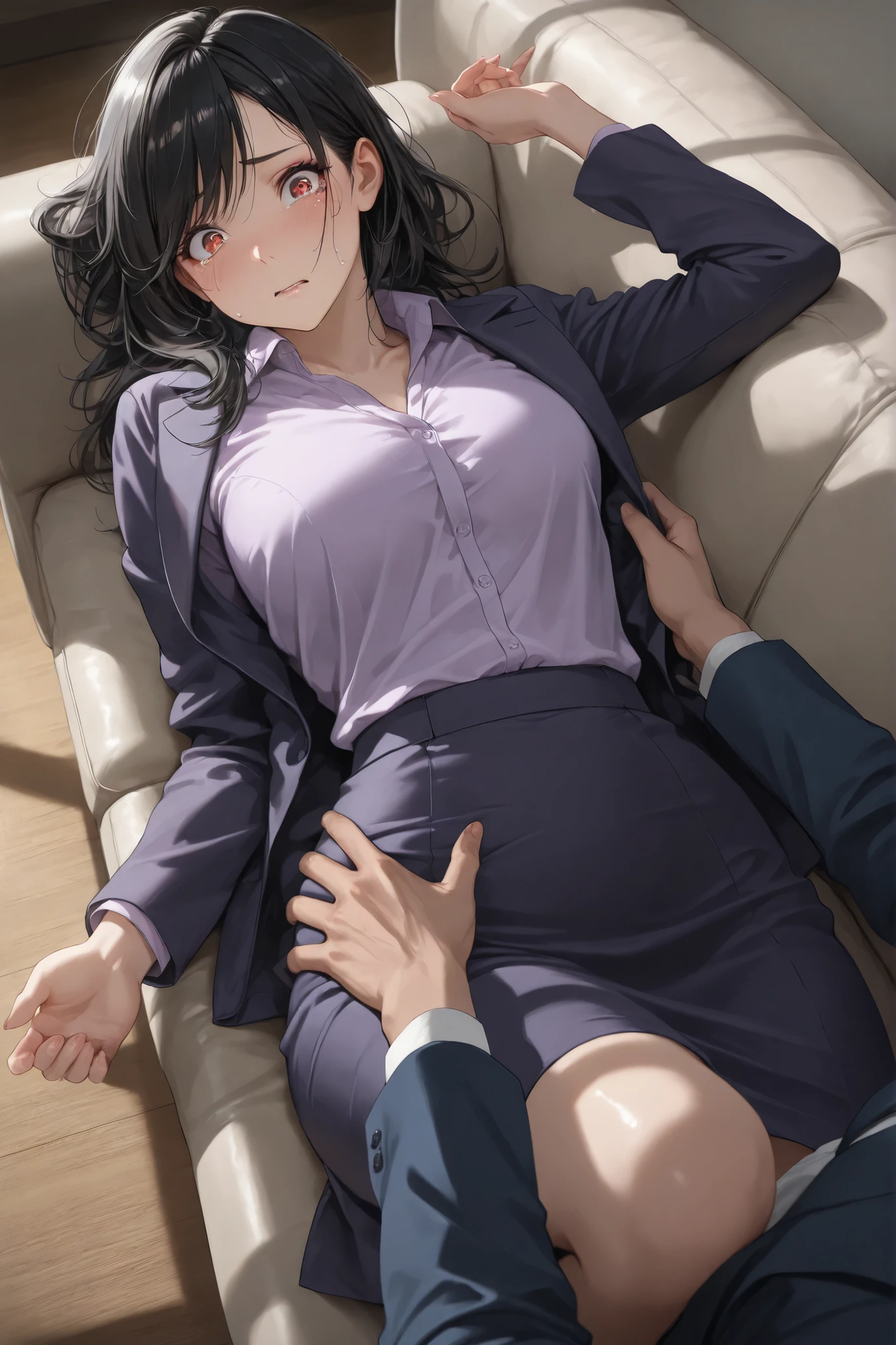 1girl, very cute face, cute girl, solo, short black hair, shiny hair, side-swept bangs, natural makeup, beautiful, cute, office lady, fashionable business suit, navy suit, lavender blouse, skirt suit, meeting room, lying on back, on sofa, (1boy, collapsed on her), shocked expression, worried face, teary eyes, seductive pose, vulnerable, frozen moment, tense atmosphere, holding his back, dramatic lighting, soft shadows, diagonal perspective, dynamic angle, (flawless smooth skin, very aesthetic), vibrant, high contrast, masterpiece, best quality, high resolution, highly detailed, intricate details