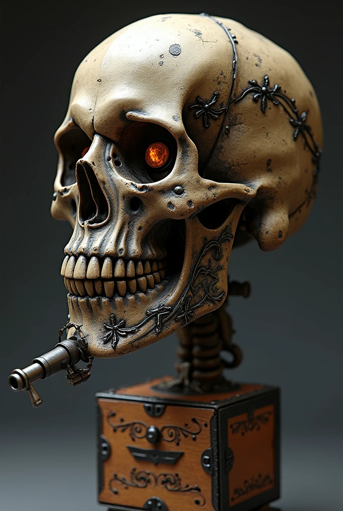 A stunning steampunk-inspired 3D rendering of a gold, black, cobalt blue, and orange metal skull. The intricate design features screws, nuts, rods, and rivets, with small leaves and fruits surrounding it. A lit candle casts a warm glow on the sculpture, creating an eerie yet captivating atmosphere. The artist's signature, "BIGURILHAS" is prominently displayed in small cursive script at the bottom of the design, accompanied by fun typography. Below the signature, the author's name, "Created by RAPATABUAS" is written. The image is captured in an isometric view with professional lighting, showcasing the impressive craftsmanship and attention to detail., typography, portrait photography, 3d render, photo.