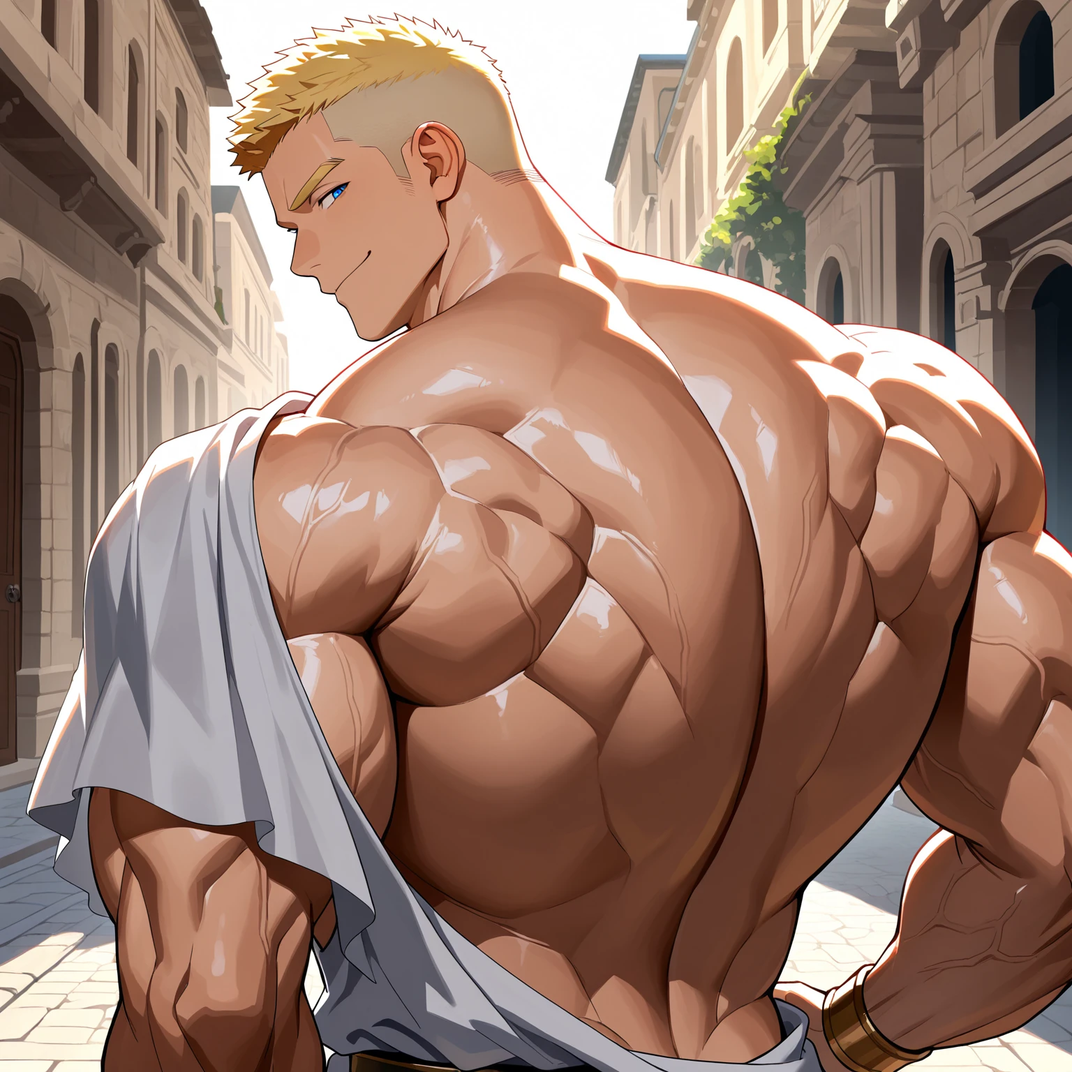 bright skin, the boy blushed shyly , rosy skin, shiny skin, (muscular thigh muscles ), ( anime style), (photo angle from bottom up),(photo angle from the ground upwards), wear tight and short loincloths ,the loincloth bulges due to the erect male genitals, (muscular thigh muscles, firm thigh muscles, muscular thigh muscles, sinewy thigh muscles, giant thigh muscles, strong leg muscles, muscular hamstring leg muscles),(thigh muscles bulging as if about to explode, muscular, calloused, sinewy, giant),fun, happy,bodybuilder,bodybuilding, standing, lots of sweat flowing down, topless, shirtless, hot sunny, 8 pack abs , long blond hair , green eyes, Side View, One hand behind the head
