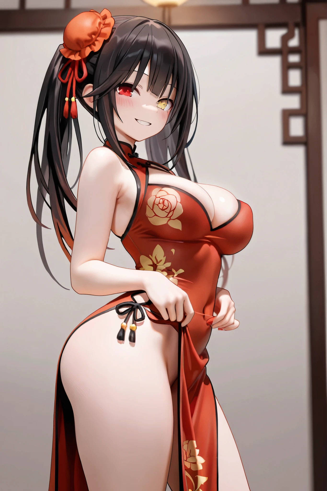 Best quality, Masterpiece, A high resolution, Wuxia 1girl, Red Chinese dress, Super beautiful face, Super beautiful black eyes, Super nice brunette hair, Sexy body shape, No underwear, Bitch tattoo, Creampie