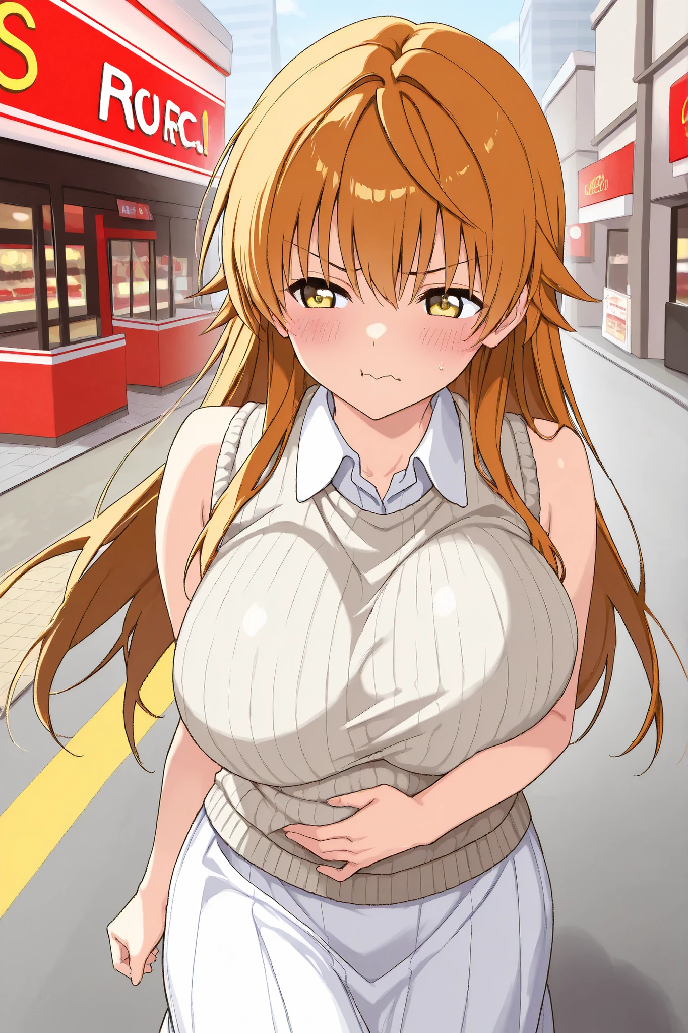 score_9, score_8_up, score_7_up,1 man,solo,
rito_yuuki, Riko Yuusaki, yellow eyes, huge breast,
Collared shirt, gray sleeveless sweater, white long skirt,
hold your stomach with your hands, Walking on the road, Grumpy Face , blush, In front of a fast food restaurant,