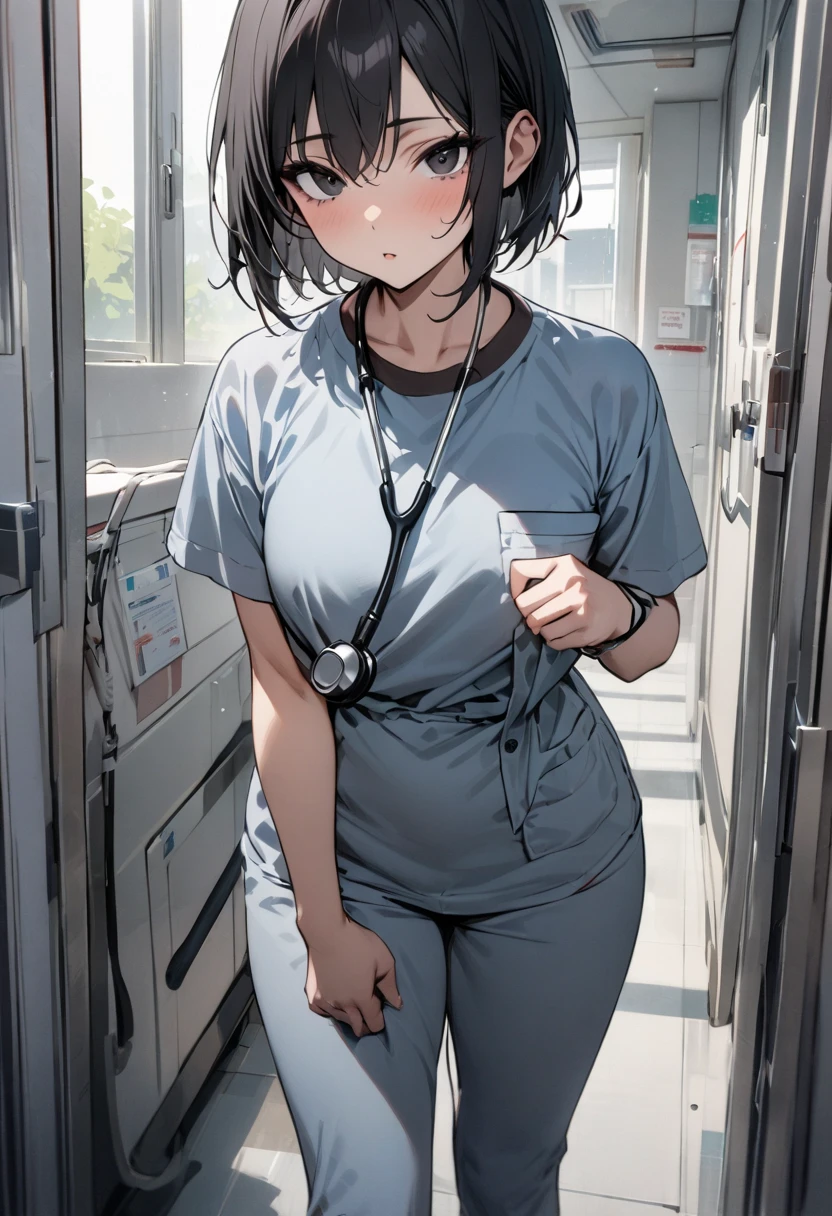 (masterpiece, best quality:1.2), 1 girl, alone , sexy , cowboy shot, black hair ,hair bun,  solo, nurse, nurse cap, white wear, ((white legwear)),  standing, ((hospital room)), sharp outline, short sleeves, 