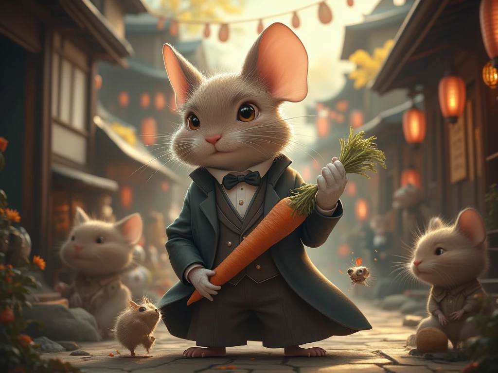 A mouse in the form of a butler holds a carrot in his hand and sits down、Old Japan town、Animals wearing clothes that walk on two legs。