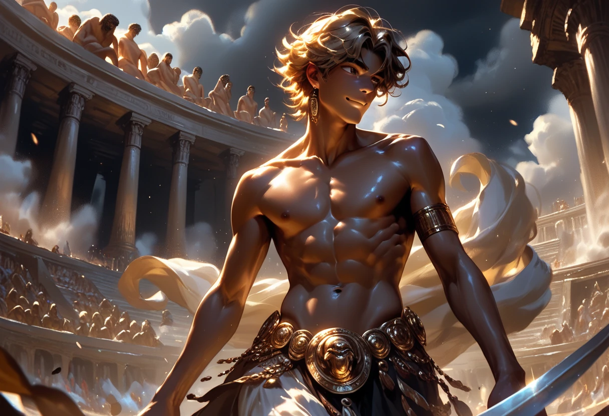 1 man hercules taking a selfy next to a nice friendly cancerbero dog
View full body,: (( view from above))
Material: watercolors
Style: Anime+yaoi+hentai+roberto_ferri+leng_jun
Compsition: the composition of shadows and lights give an atmosphere of spaciousness,
Color: intense dark colors palette
Lighiting: natural lighting
Gender Age: A young hercules man, 19 years old
Race: blond,
Face: barbed, thin face, straight nose, thin lips, square chin, large light blue eyes, short red wavy hair,
Body: white skin, hairy body, realistic skin, gorgeous, detailed tonned muscles, barefoot, perfect anatomy, muscled fitness body, aesthetic slim athletic body, perfect anatomy, , energetic splendid, slim and detailed muscles
Action: He is taking a selfy next to a black freindly, nice, smiling cancerbero dog
Wearing: He is wearing shirtless, pantless, fullbody, wearing sandals
Background: gate to hell, caver, fire, demons
Complements: best quality, Photorealistic, ultra-high resolution, photographic light, Hyper detailed A mixture of photography and painting, simetryc Composition, Perfect Divine Proportione, 8k resolution