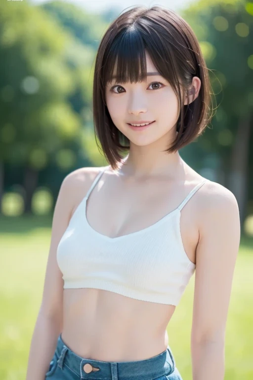 Best-quality, Masterpiece, Ultra-High-Resolution, (Photorealistic:1.4), Raw-Photo, Extremely-Details, Perfect-Anatomy, 1girl, the most popular Japanese idol, innocent smile, extremely cute childish-face, extremely beautiful big black solid circle eyes, extremely beautiful black short cut haired, extremely beautiful realistic skins, extremely beautiful lips, extremely beautiful long eyelashes, extremely beautiful teeth, extremely beautiful childish-body, extremely beautiful skinny-thighs, dynamic-pose
