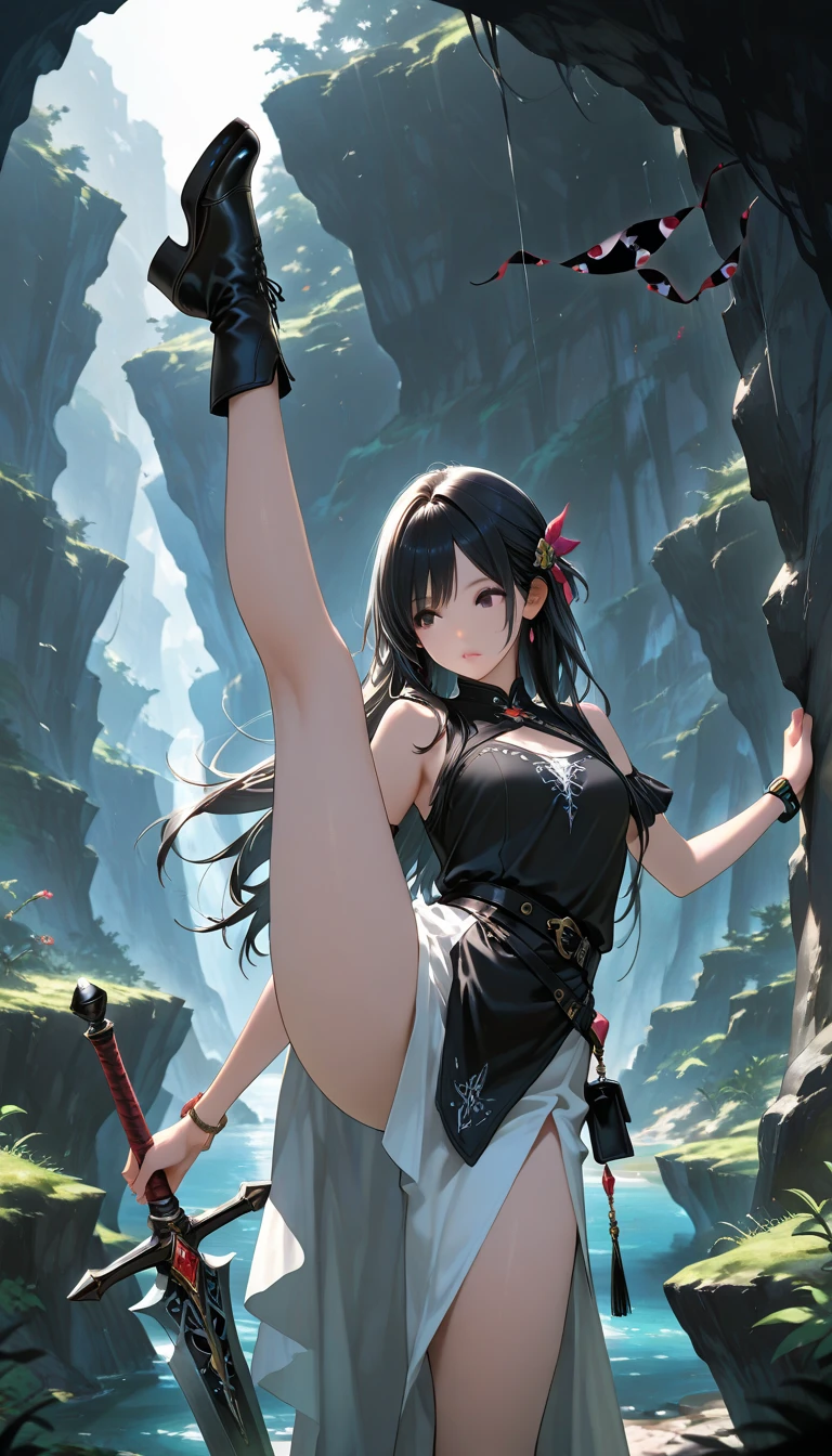 snow、black loincloth、吹snow、Beautiful Female Ninja、Black Hair Upstyle、((whole body))、(((photo taken from below)))、snowの原野