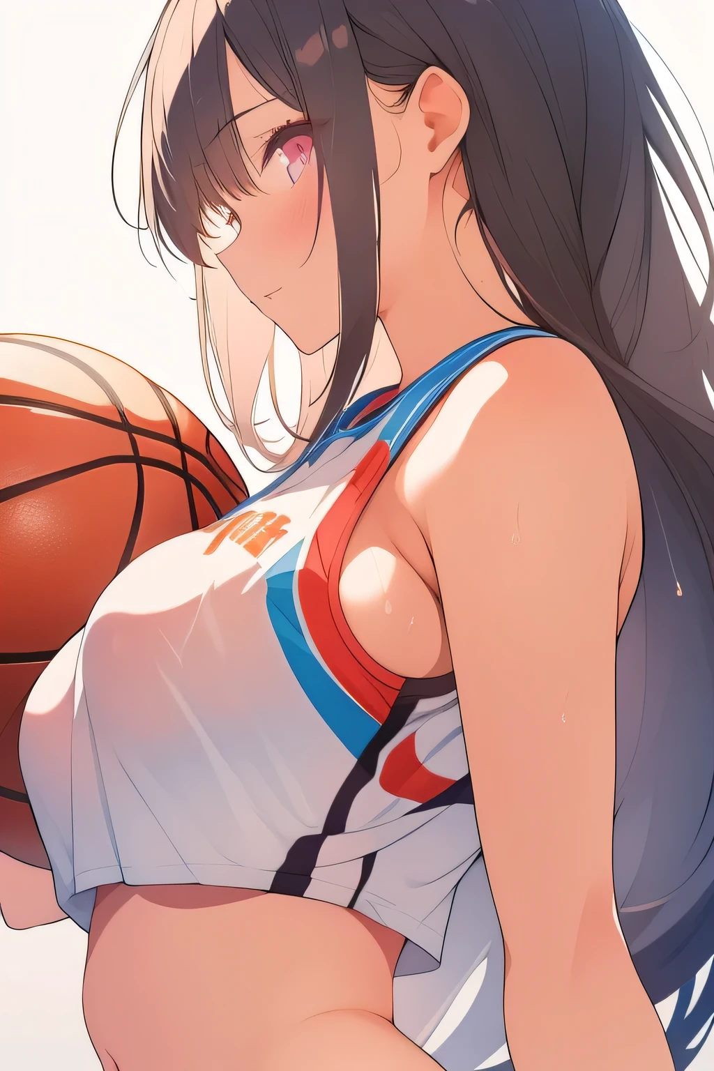 nsfw:1.3, A very attractive female basketball player, framed in a close-up of her upper body and face, conquers an NBA basketball court, her side profile bold and alluring as she poses with half-closed eyes (jitome), a relaxed yet seductive expression gracing her features, a heap of basketballs piled courtside, their surfaces glinting under the stadium’s intense lights. Her long, flowing black hair flows down her back like a dark cascade, shining with a sleek gloss, while her pink eyes shimmer faintly beneath drooping lids, her smile radiating resilience with a sultry charm. She wears a loose-fitting blue basketball uniform:1.3, cutout between chest and waist, bare breasts, the jersey drenched in sweat and pulled open to reveal her breasts , her bare midriff and navel glowing with exertion. The shorts, tight and sweat-soaked, cover white panties that fully conceal her lower body, maintaining a modest silhouette beneath the damp fabric. One hand spins a basketball effortlessly on her finger, the other resting casually, sweat tracing her curves in a poised, playful stance. Her captivating aura glows with open poise against a minimal white background, rendered in watercolor subtlety (0.4) and pastel richness (0.6).