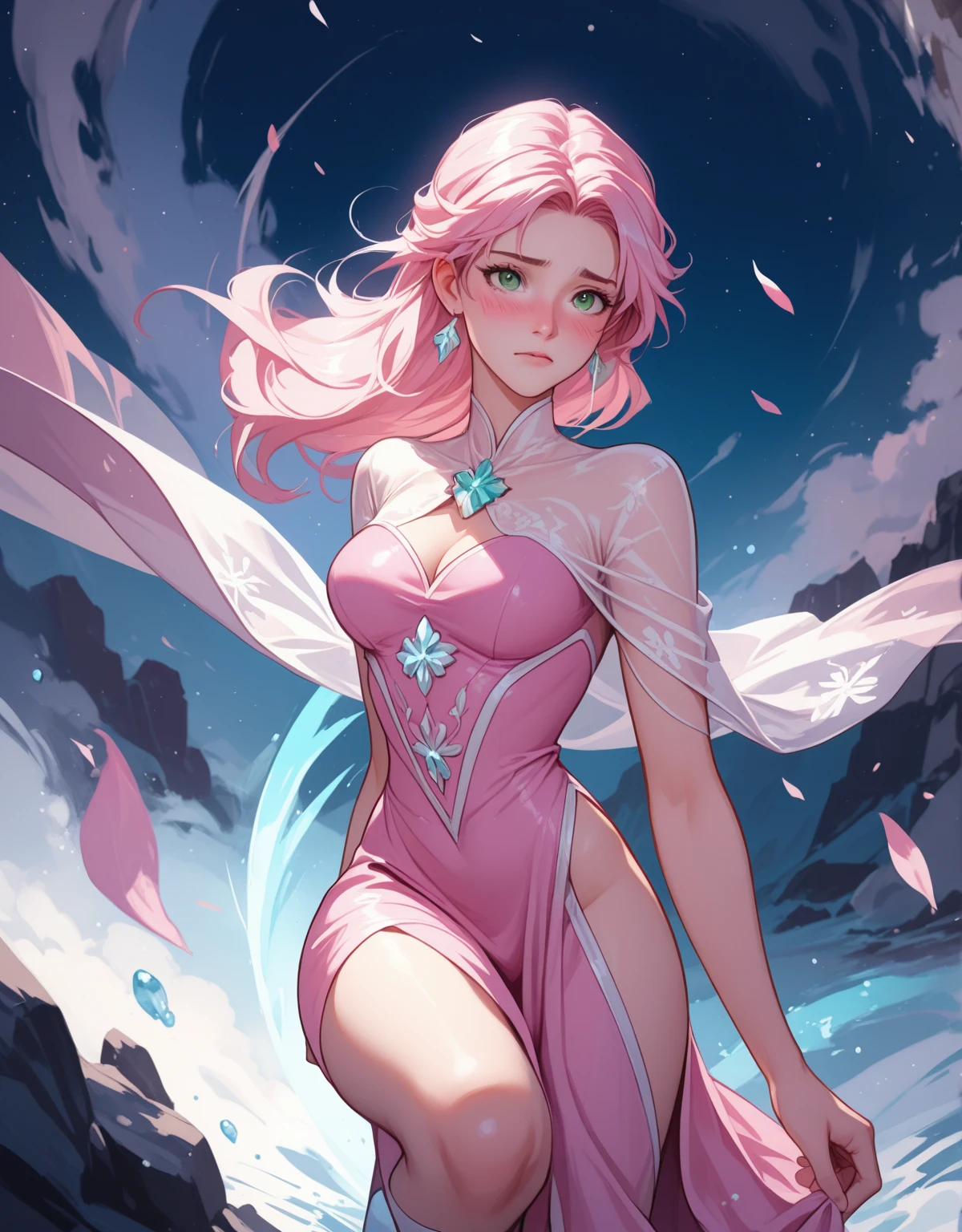 1 mulher, fantasiada de Elsa, strong emotions, sakura,pink hair, (cabelo curto!!), luz, foco, frozen, como elza de frozen , corpo inteiro, solo, magia ao seu redor. from head to toe, vestido azul,neve, corpo inteiro, strong emotions, corpo todo!!!! usando leggin azul