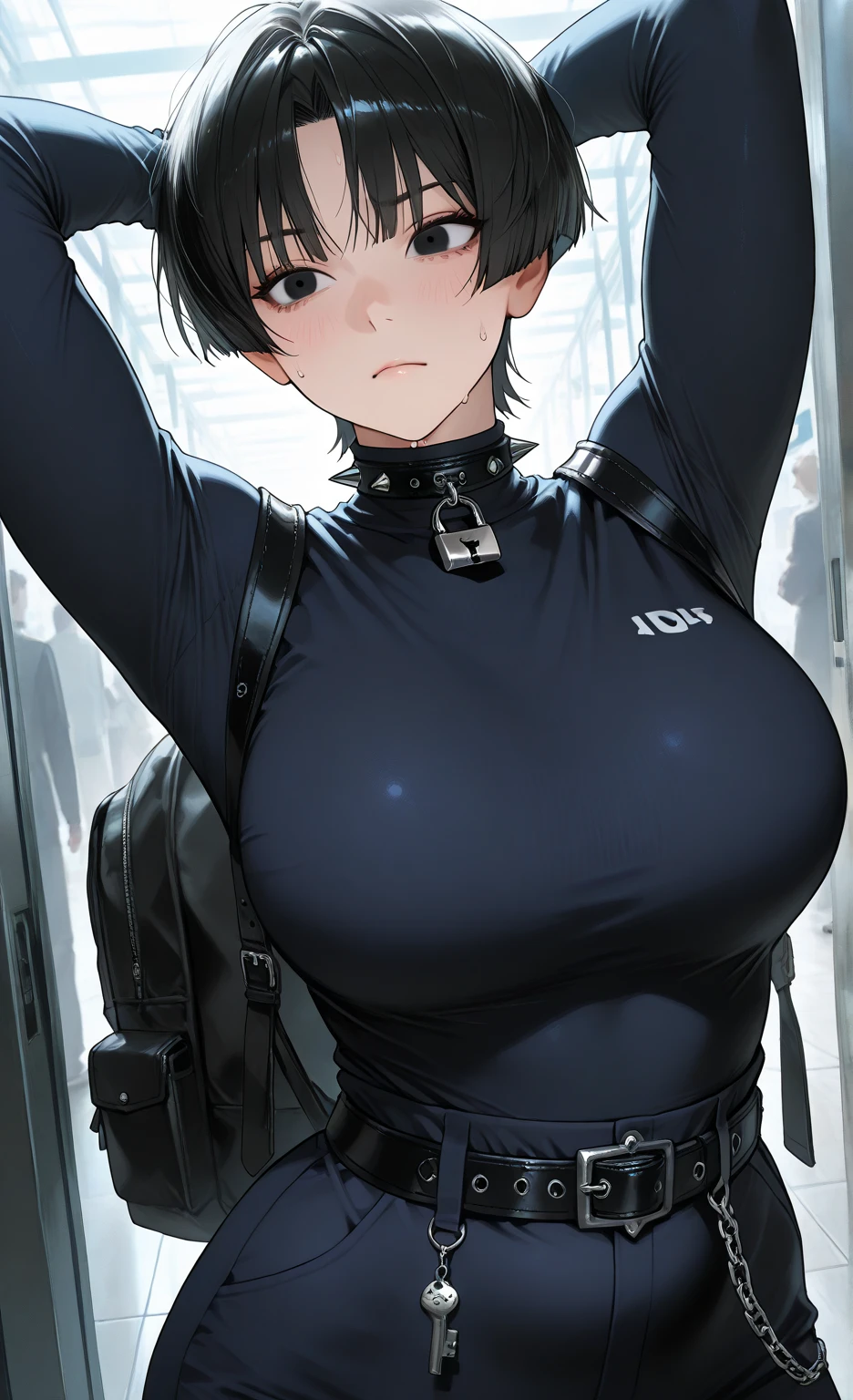 1girl,18yo,perfect hands, perfect finger,perfect anatomy, masterpiece, best quality,realistic, hyperrealistic, 16k hdr,, aamii, short hair, black hair, blue eyes, glasses, (see through nike pink bodysuit:1.2),gym,standing,(sweat:1.3),(happy smile),large breasts,upper body,(yankees baseball cap)