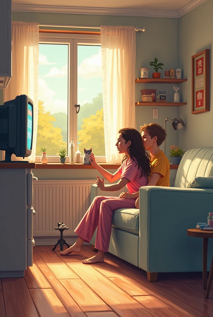 husband watch the tv and wife workong on kitchen